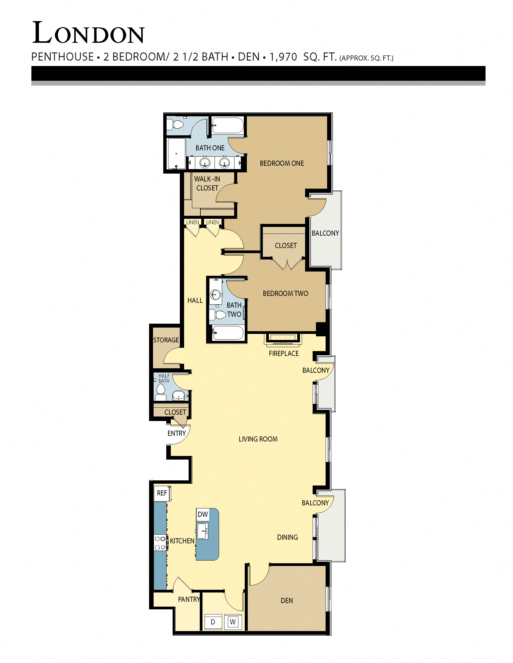 Floor plan for 2 beds, 2.5 baths, 1970 sqft